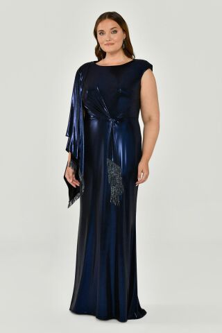 Tek Omuz Şallı Püskül Kuşaklı Parlak Kumaş Uzun Elbise Lacivert - 42