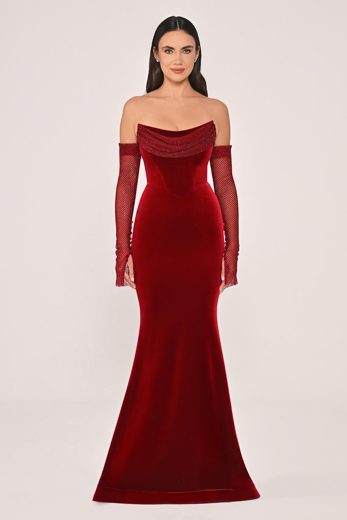 Taşlı File Kollu Balık Kesim Kadife Uzun Elbise Kırmızı - 42