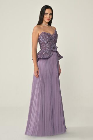 Tek Düşük Omuz Üstü Payet Eteği Pliseli Şifon Uzun Elbise Lila - 38