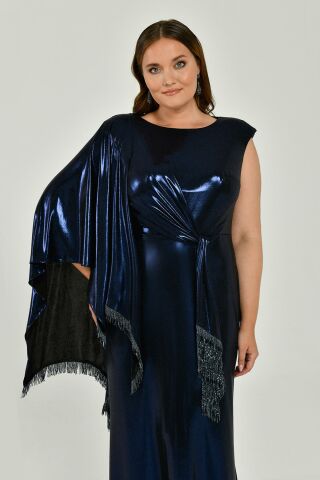 Tek Omuz Şallı Püskül Kuşaklı Parlak Kumaş Uzun Elbise Lacivert - 44