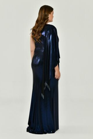 Tek Omuz Şallı Püskül Kuşaklı Parlak Kumaş Uzun Elbise Lacivert - 44