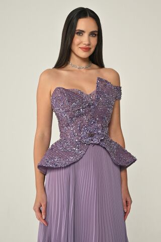 Tek Düşük Omuz Üstü Payet Eteği Pliseli Şifon Uzun Elbise Lila - 40