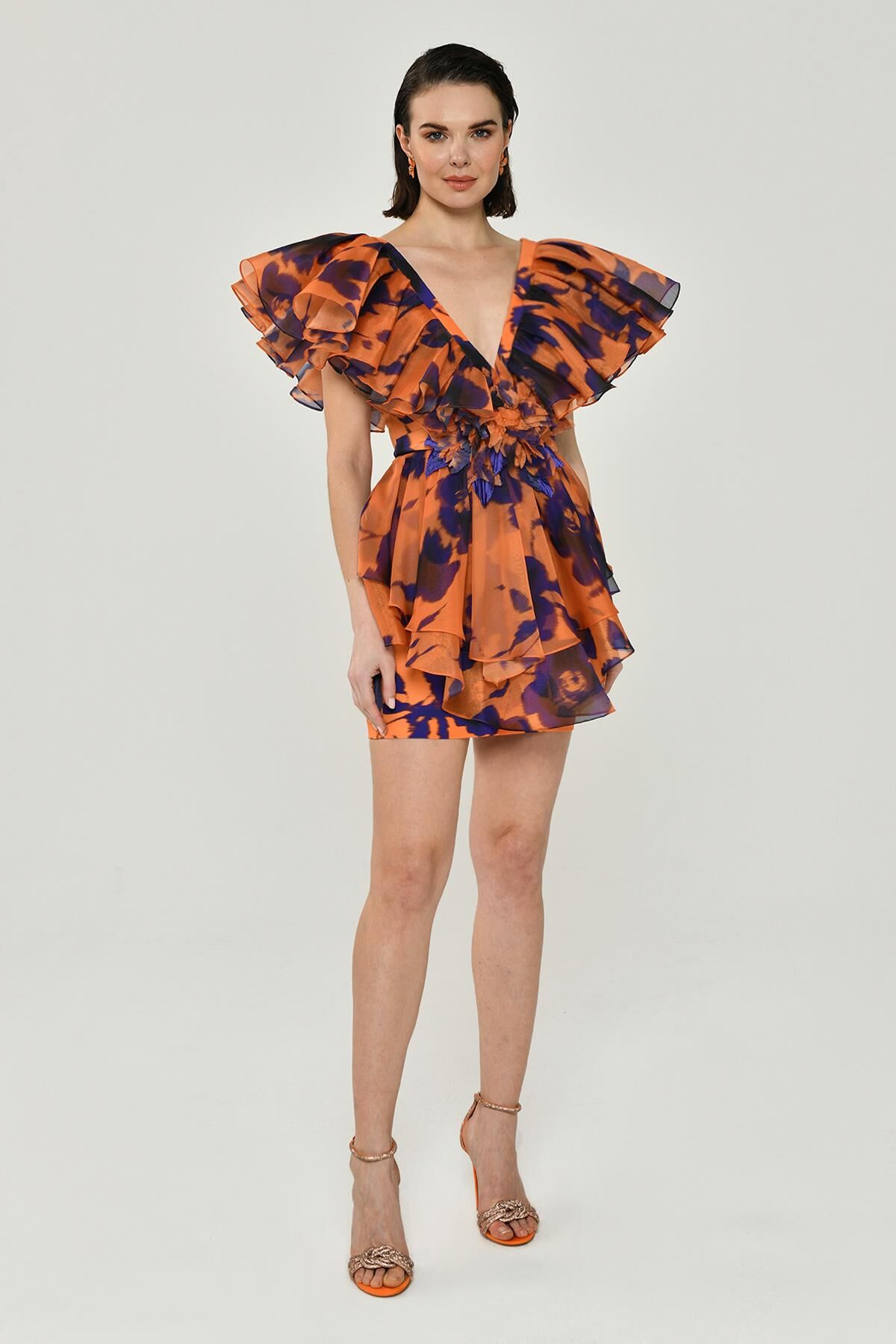 Volanlı Kol V Yaka Katlı Etek Şifon Kısa Elbise MOR / ORANGE - 38
