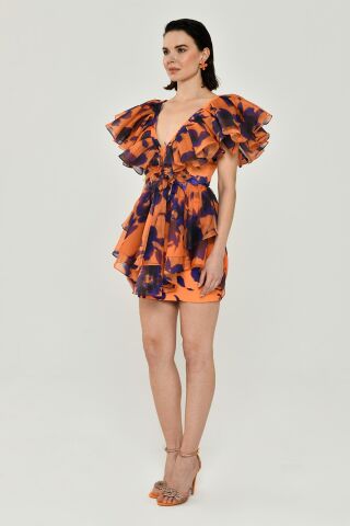 Volanlı Kol V Yaka Katlı Etek Şifon Kısa Elbise MOR / ORANGE - 38