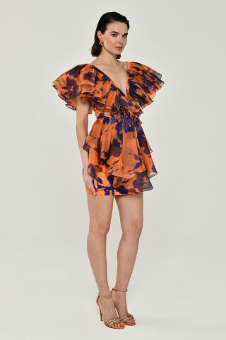 Volanlı Kol V Yaka Katlı Etek Şifon Kısa Elbise MOR / ORANGE - 38