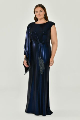 Tek Omuz Şallı Püskül Kuşaklı Parlak Kumaş Uzun Elbise Lacivert - 46