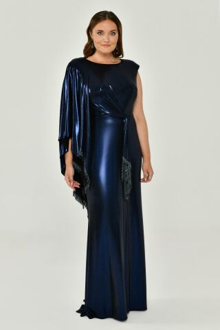 Tek Omuz Şallı Püskül Kuşaklı Parlak Kumaş Uzun Elbise Lacivert - 46