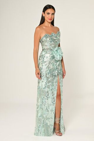 Straplez Beli Çiçek Aksesuarlı Payet Uzun Elbise MİNT - 40