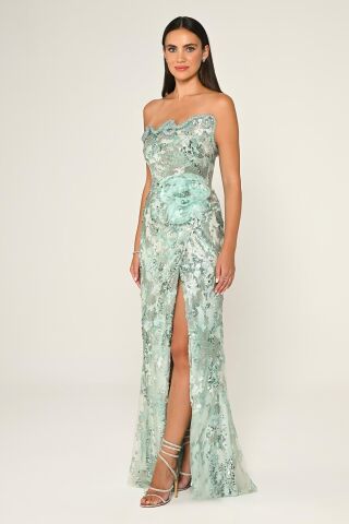 Straplez Beli Çiçek Aksesuarlı Payet Uzun Elbise MİNT - 40