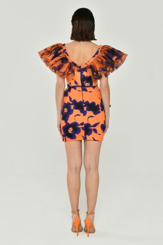 Volanlı Kol V Yaka Katlı Etek Şifon Kısa Elbise MOR / ORANGE - 40