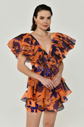 Volanlı Kol V Yaka Katlı Etek Şifon Kısa Elbise MOR / ORANGE - 40
