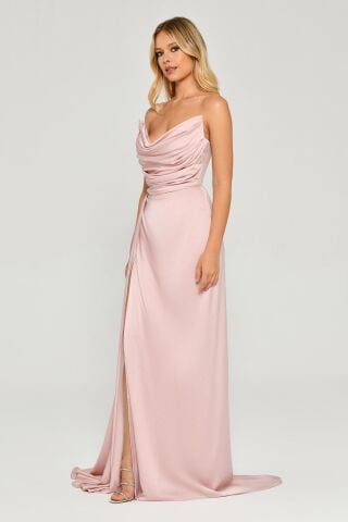 Kayık Yaka Yırtmaçlı Saten Elbise Pudra - 42