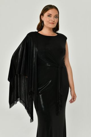 Tek Omuz Şallı Püskül Kuşaklı Parlak Kumaş Uzun Elbise Siyah - 42