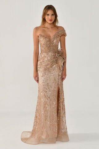 Düşük Tek Omuz Yırtmaçlı Tül Uzun Elbise