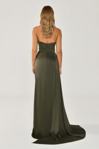 Kayık Yaka Yırtmaçlı Saten Elbise Nefti - 36