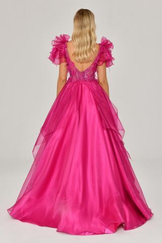 Tüy Boncuk İşlemeli Katlı Prenses Organze Kumaş Uzun Elbise Fuşya - 38