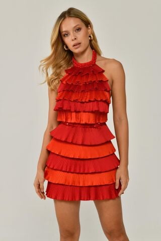 Halter Yaka Katlı Pliseli İpek Tafta Kumaş Kısa Elbise KIRMIZI / ORANGE - 38