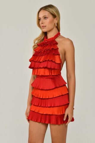 Halter Yaka Katlı Pliseli İpek Tafta Kumaş Kısa Elbise KIRMIZI / ORANGE - 38