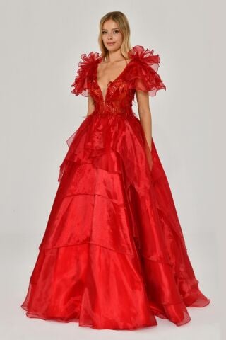 Tüy Boncuk İşlemeli Katlı Prenses Organze Kumaş Uzun Elbise Kırmızı - 36