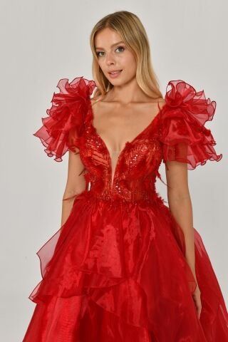 Tüy Boncuk İşlemeli Katlı Prenses Organze Kumaş Uzun Elbise Kırmızı - 36