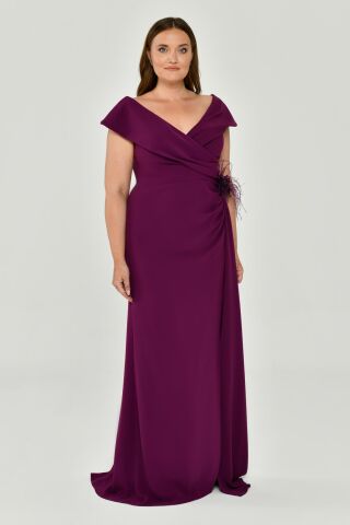 V Yaka Yırtmaçlı Krep Uzun Elbise Mürdüm - 46