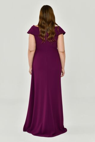 V Yaka Yırtmaçlı Krep Uzun Elbise Mürdüm - 46