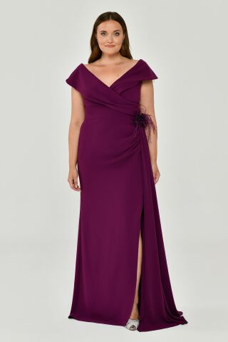 V Yaka Yırtmaçlı Krep Uzun Elbise Mürdüm - 46