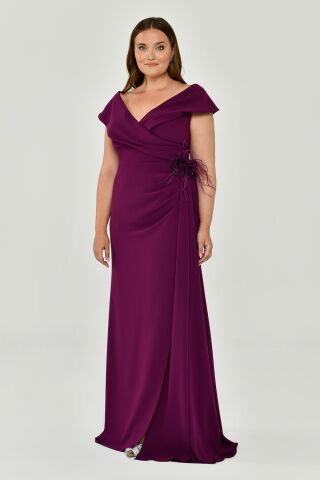 V Yaka Yırtmaçlı Krep Uzun Elbise Mürdüm - 46