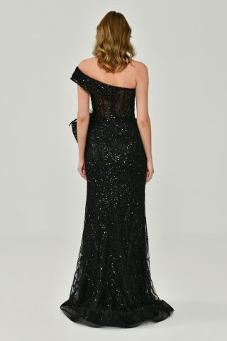 Low One Shoulder Slit Tulle Long Dress Black - 40