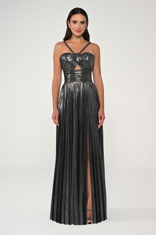 İp Askılı Önden Yırtmaçlı Parlak Şifon Uzun Elbise SİYAH / GÜMÜŞ - 36