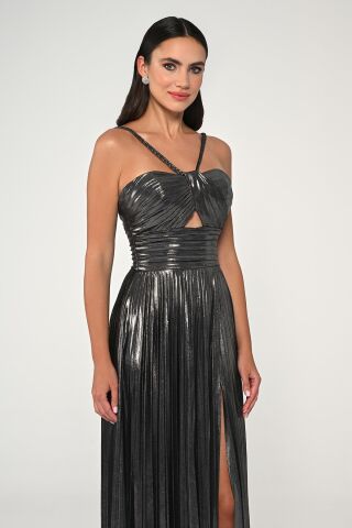İp Askılı Önden Yırtmaçlı Parlak Şifon Uzun Elbise SİYAH / GÜMÜŞ - 36