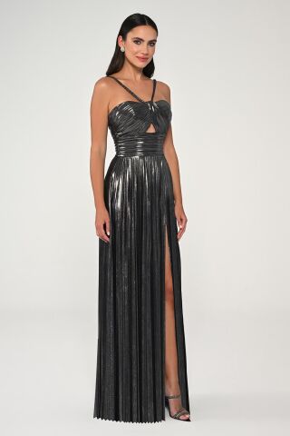 İp Askılı Önden Yırtmaçlı Parlak Şifon Uzun Elbise SİYAH / GÜMÜŞ - 36