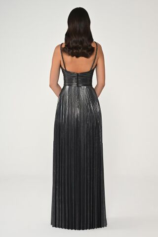 İp Askılı Önden Yırtmaçlı Parlak Şifon Uzun Elbise SİYAH / GÜMÜŞ - 36