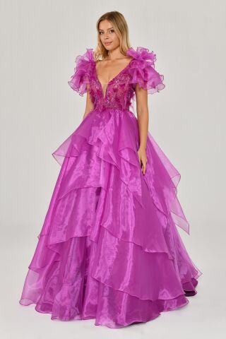 Tüy Boncuk İşlemeli Katlı Prenses Organze Kumaş Uzun Elbise Eflatun - 40