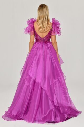 Tüy Boncuk İşlemeli Katlı Prenses Organze Kumaş Uzun Elbise Eflatun - 40