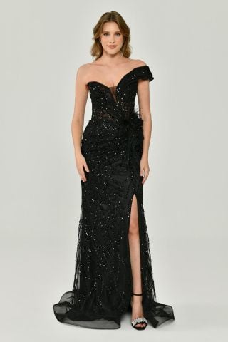 Düşük Tek Omuz Yırtmaçlı Tül Uzun Elbise Siyah - 42