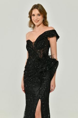 Düşük Tek Omuz Yırtmaçlı Tül Uzun Elbise Siyah - 42