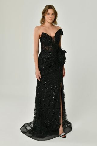 Düşük Tek Omuz Yırtmaçlı Tül Uzun Elbise Siyah - 42