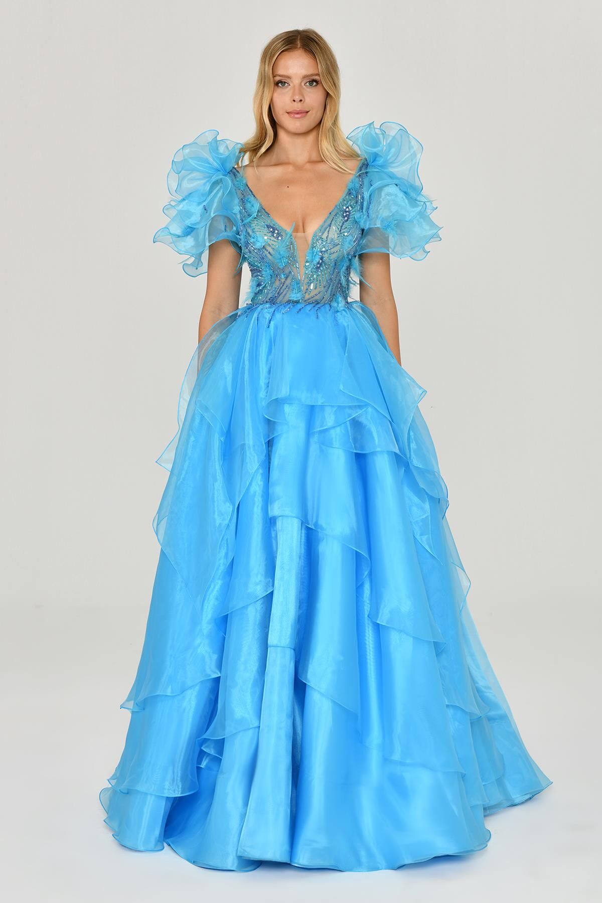 Tüy Boncuk İşlemeli Katlı Prenses Organze Kumaş Uzun Elbise A.TURKUAZ - 36