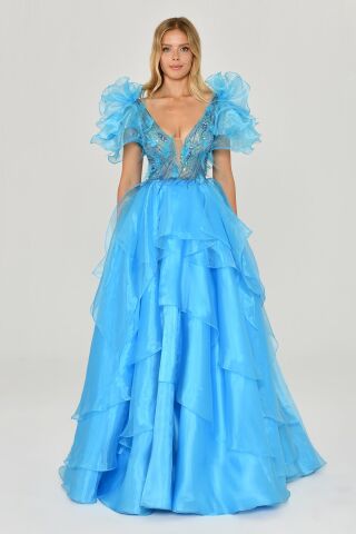 Tüy Boncuk İşlemeli Katlı Prenses Organze Kumaş Uzun Elbise A.TURKUAZ - 36