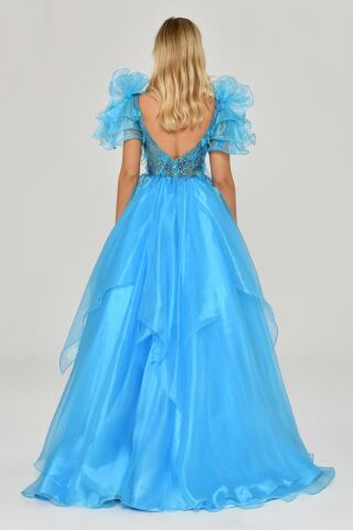 Tüy Boncuk İşlemeli Katlı Prenses Organze Kumaş Uzun Elbise A.TURKUAZ - 36