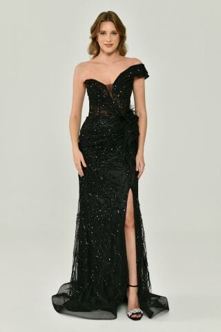 Düşük Tek Omuz Yırtmaçlı Tül Uzun Elbise Siyah - 44