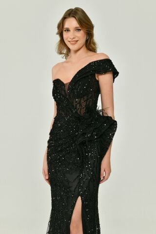 Düşük Tek Omuz Yırtmaçlı Tül Uzun Elbise Siyah - 44