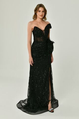 Düşük Tek Omuz Yırtmaçlı Tül Uzun Elbise Siyah - 44