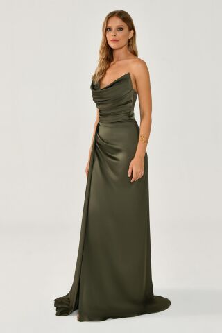 Kayık Yaka Yırtmaçlı Saten Elbise Nefti - 44