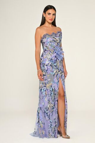 Straplez Beli Çiçek Aksesuarlı Payet Uzun Elbise Lila - 38