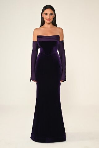 Straplez Kollu Balık Kesim Kadife Uzun Elbise Mor - 46