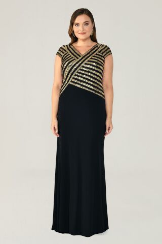 V Yaka Üst Payetli Uzun Elbise SİYAH / ALTIN - 44