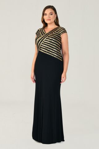 V Yaka Üst Payetli Uzun Elbise SİYAH / ALTIN - 44