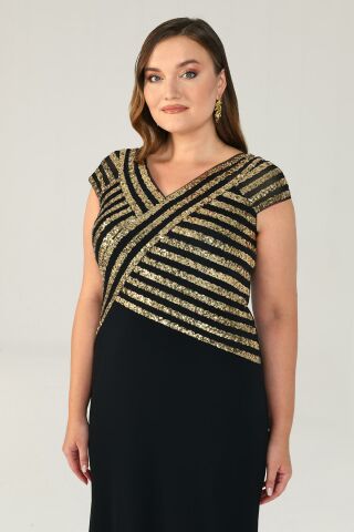 V Yaka Üst Payetli Uzun Elbise SİYAH / ALTIN - 44